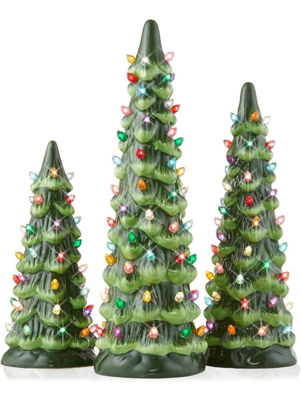 Hand-Painted Ceramic Christmas Tree Set - Pre-Lit Green 8, 10, 12-Inch Decor